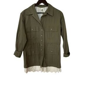 Anthropologie Tiny Charlie Eyelet Military Jacket Olive Green Lace Hem XS Boho